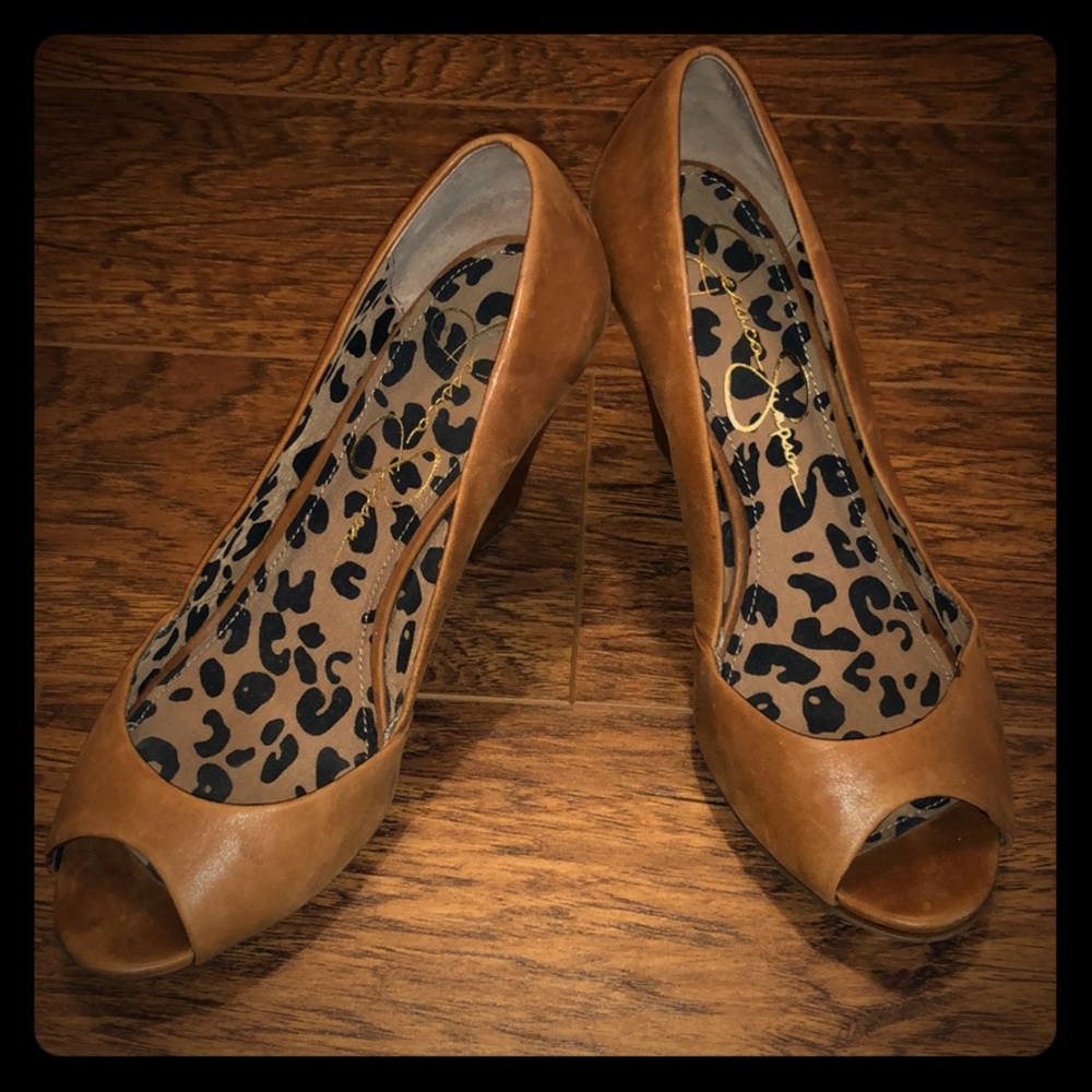 Jesica Simpson cognac wedge heel with peep toe